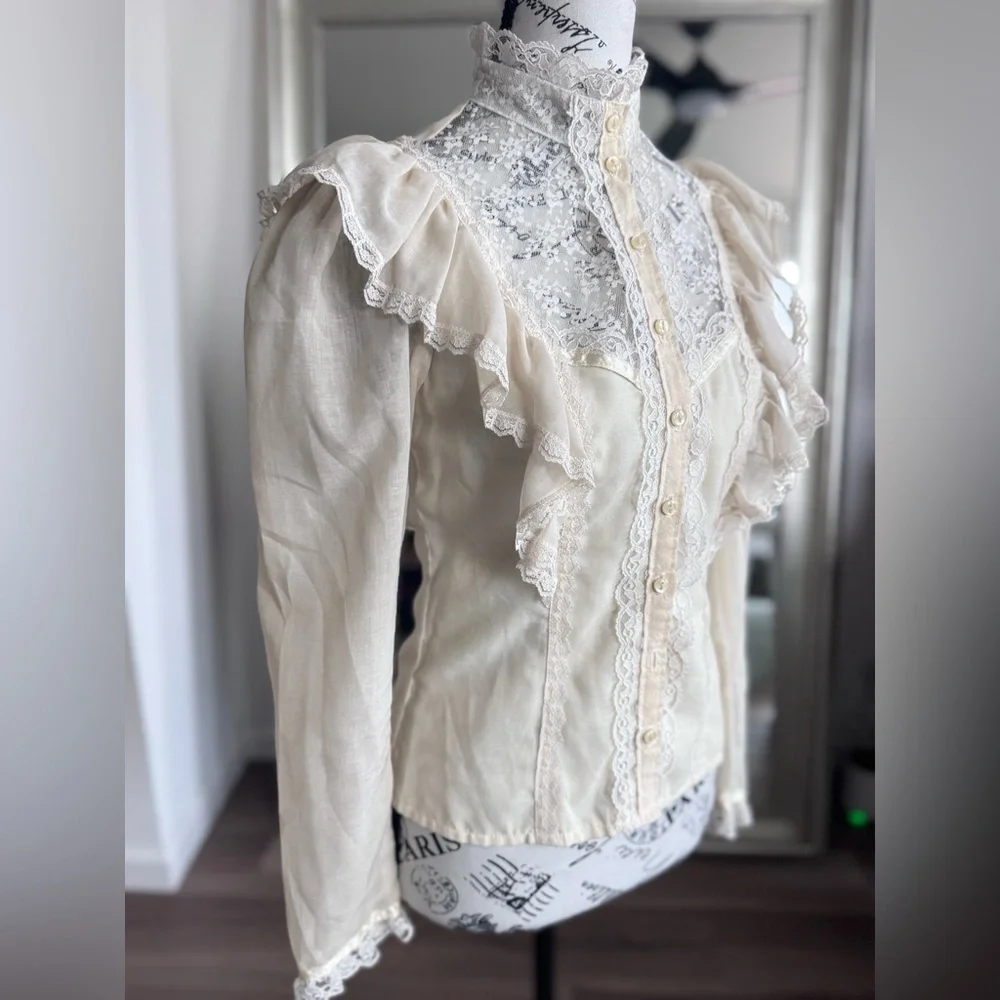 Vintage 70s 80s Gunne Sax Jessica Gunnies Lace Blouse Victorian Cottage Prairie - Picture 2 of 12